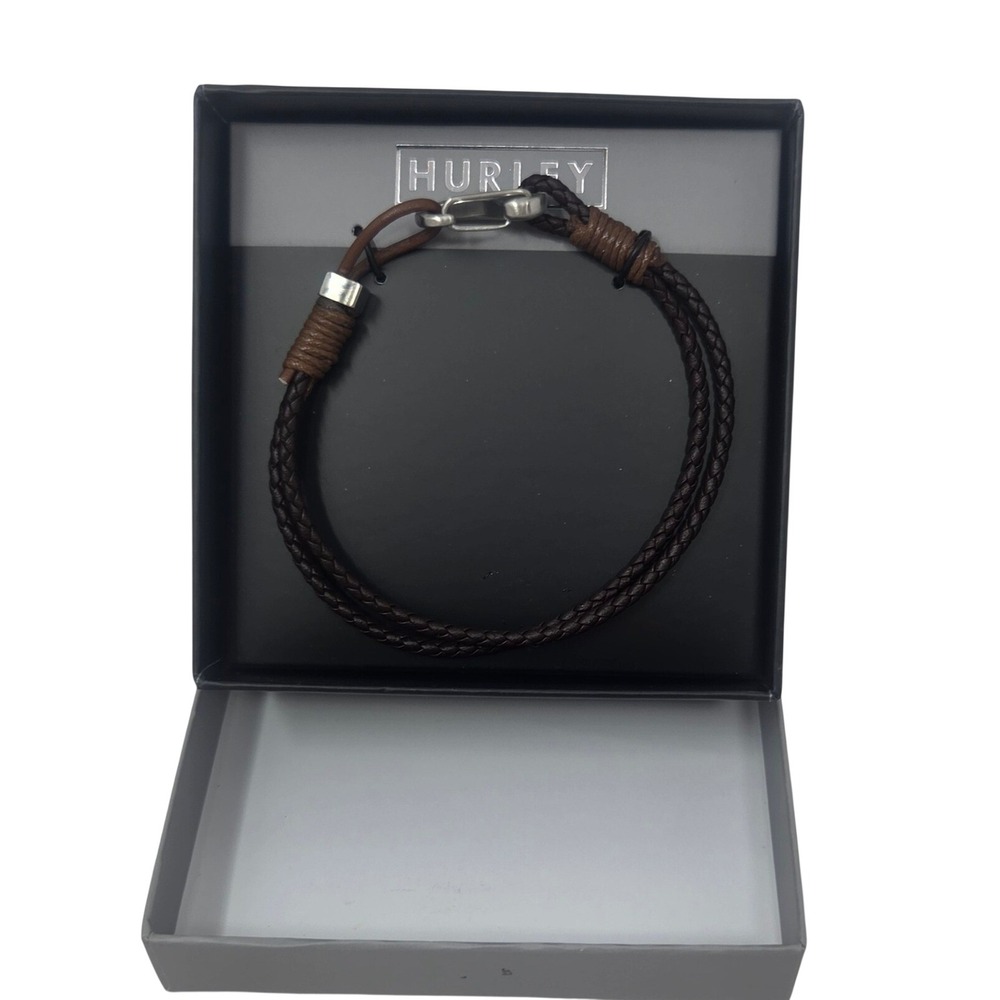 Hurley Bracelet Mens 8.5" Brown Braided Leather Stainless Steel Surf Gift NWT